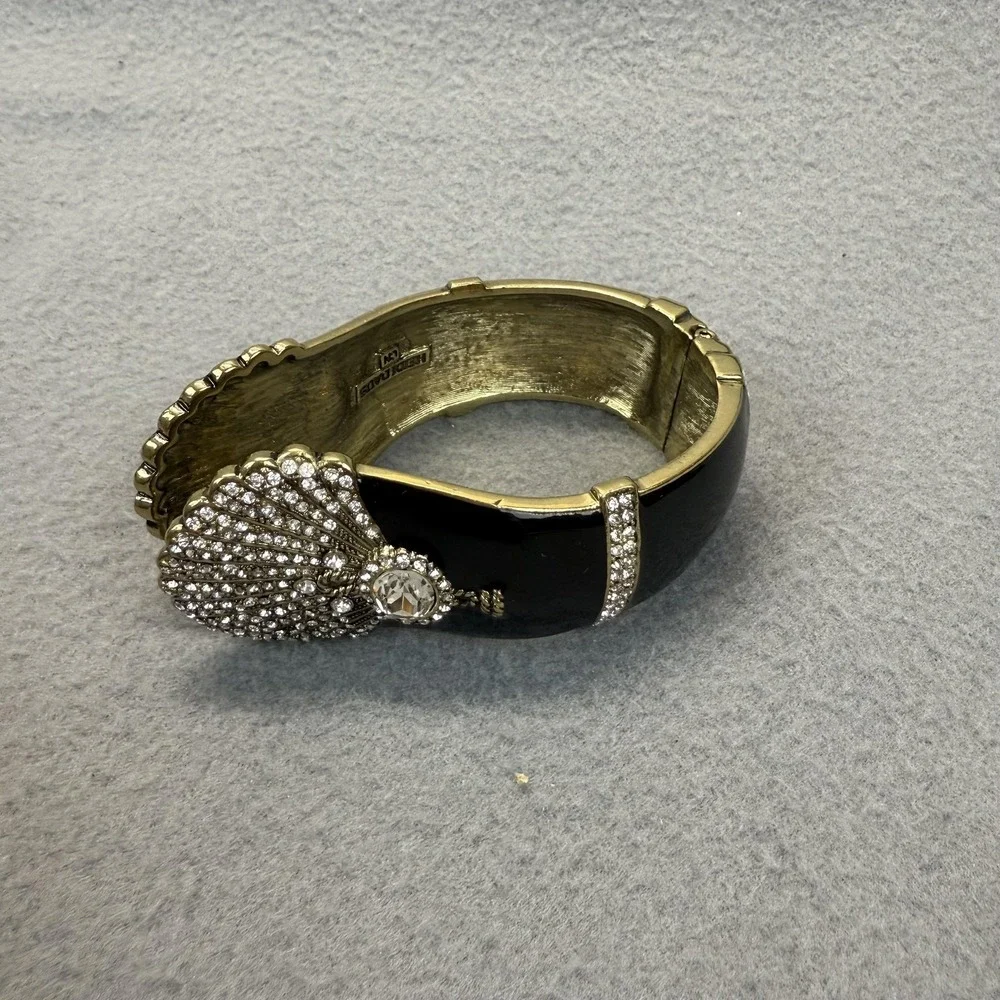 Rhinestone Shell Bangle Bracelet Black Enamel Gold Tone Crystal Clam Bling Party